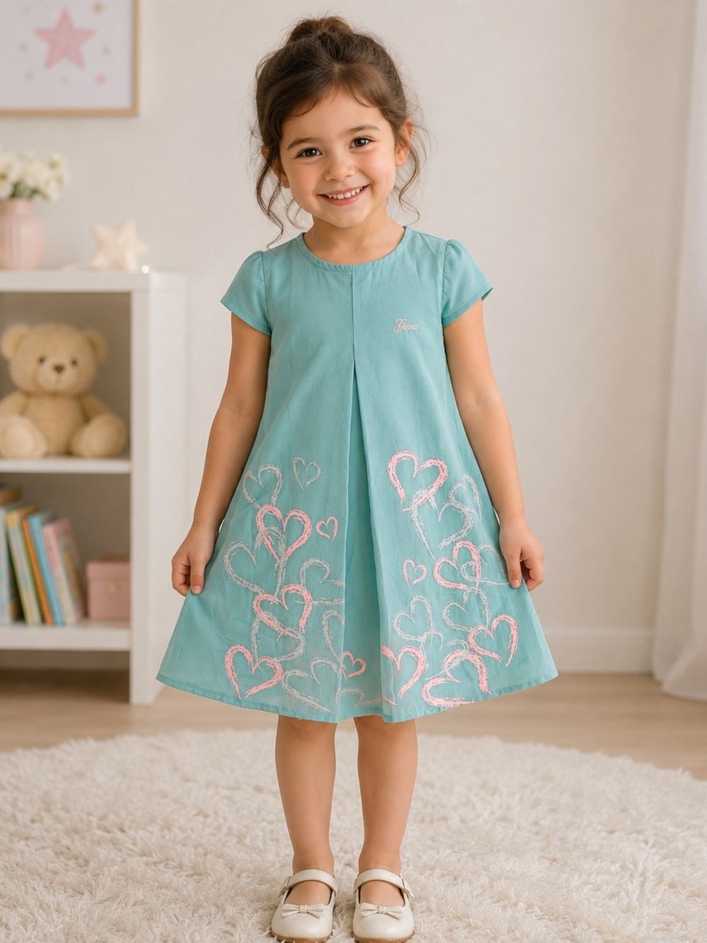 4/25 Guess Girls' Teal Heart-Print Cap Sleeve Dress